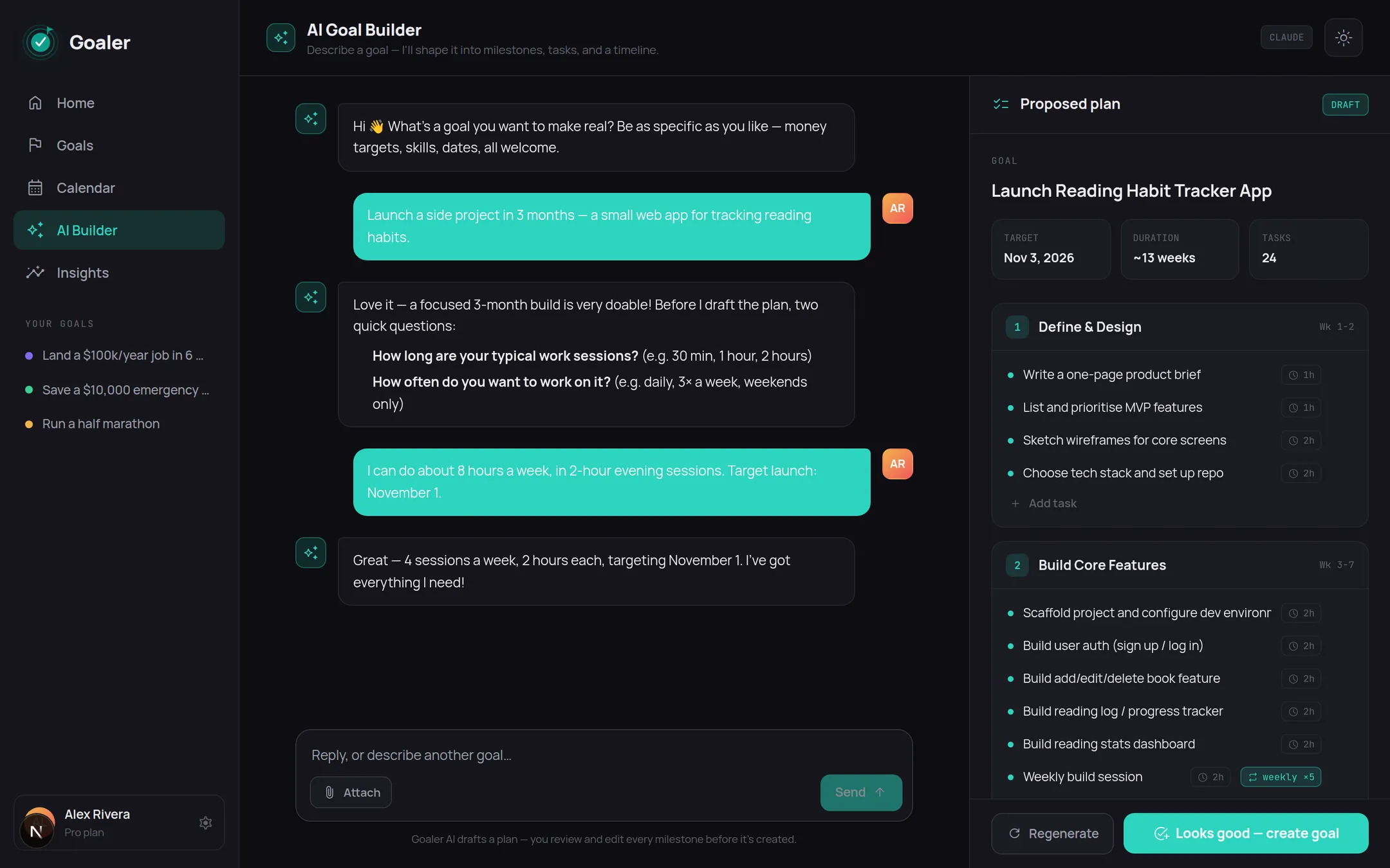 AI Goal Builder chat drafting a 13-week plan with milestones and estimated task durations