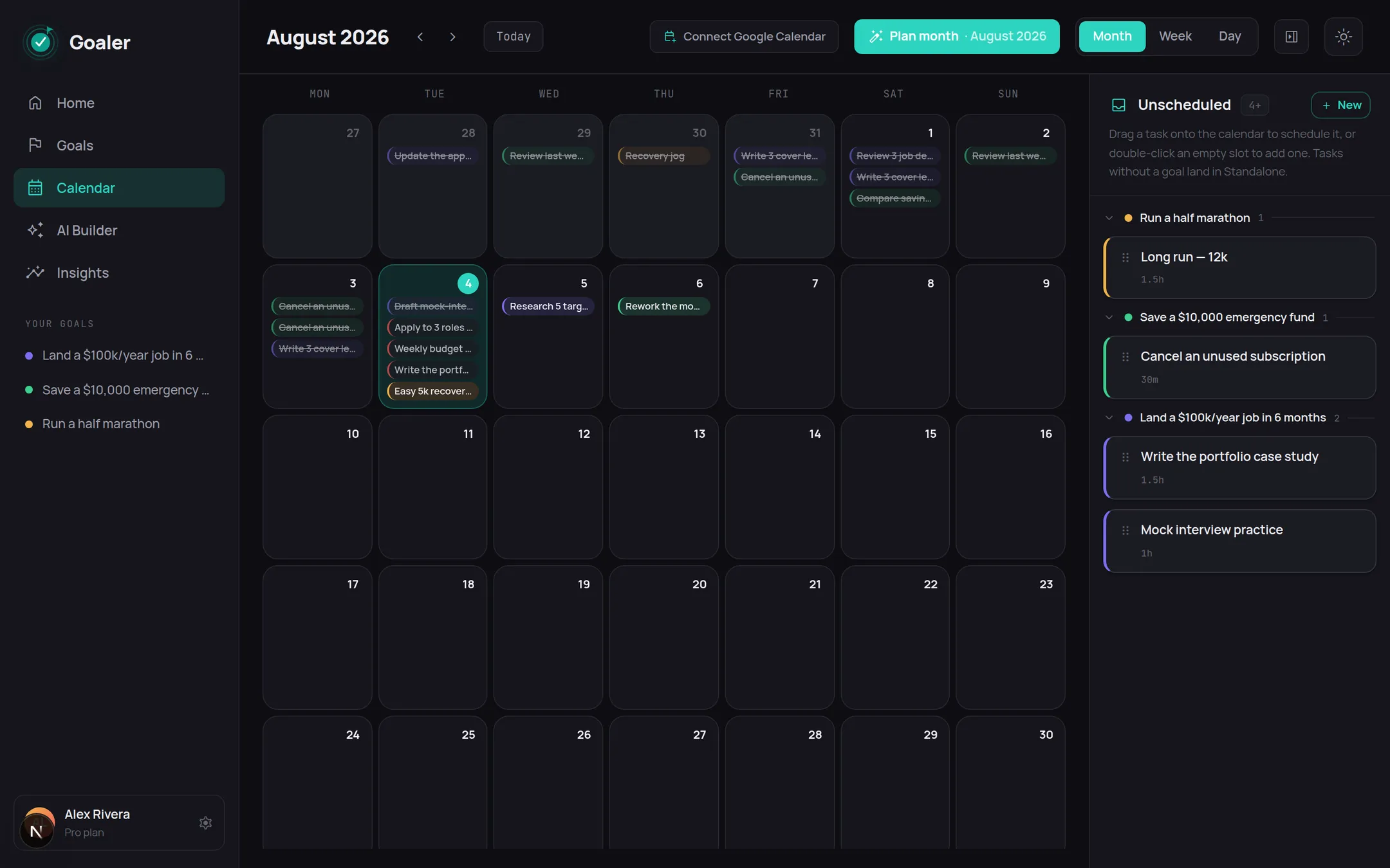 Month view of the Goaler calendar with tasks spread across days
