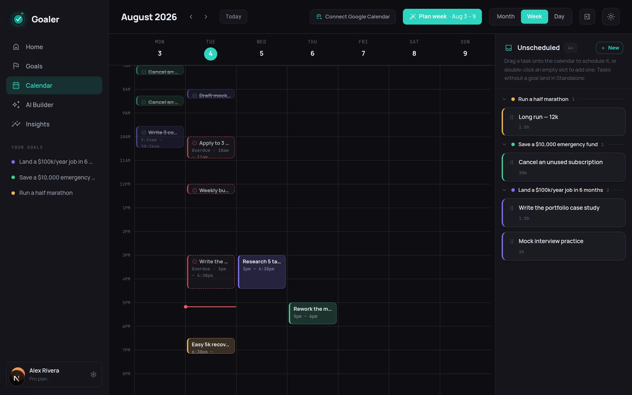 Weekly calendar with scheduled tasks and an unscheduled task inbox on the right