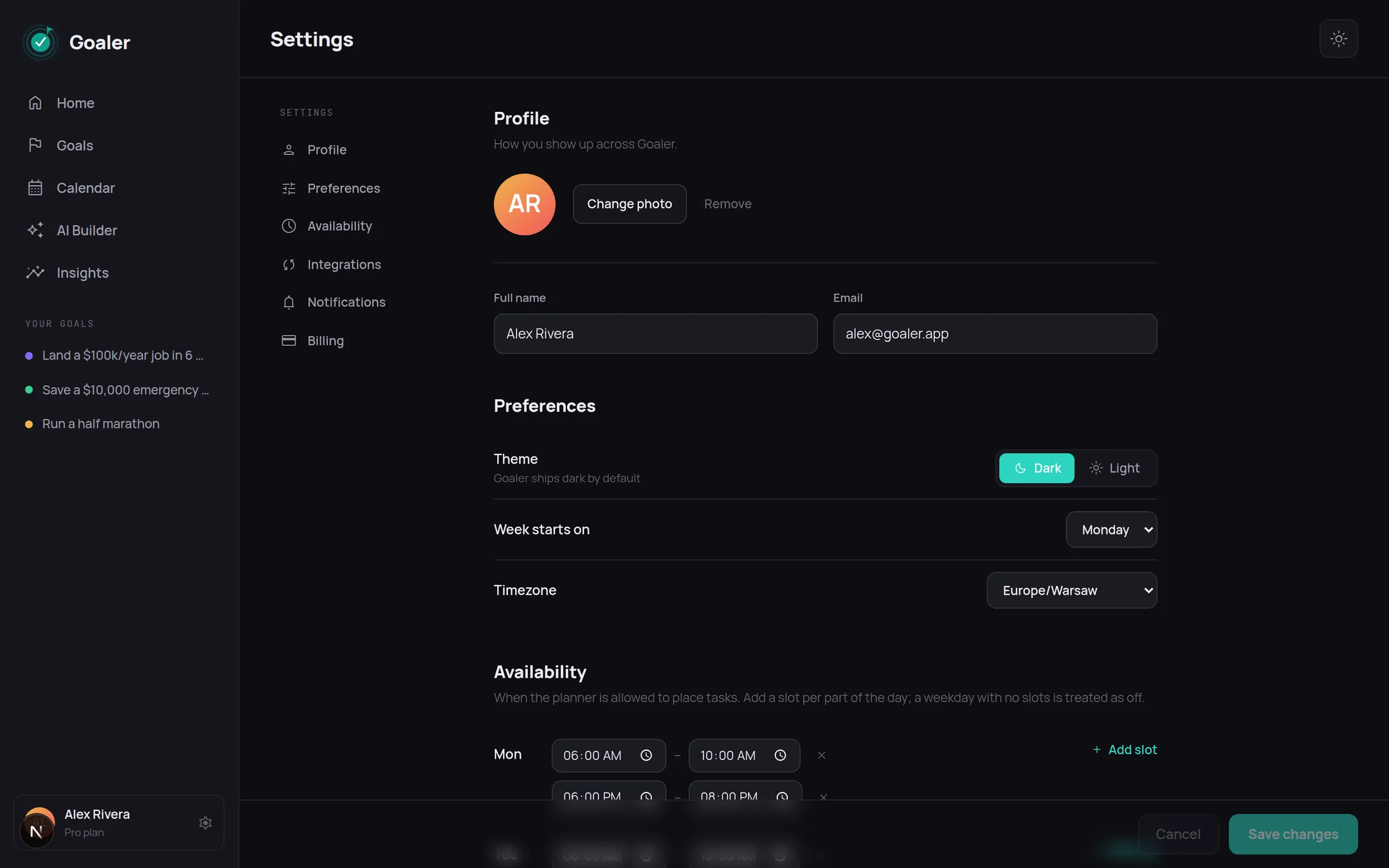 Settings page with profile, week start, timezone and per-weekday availability slots